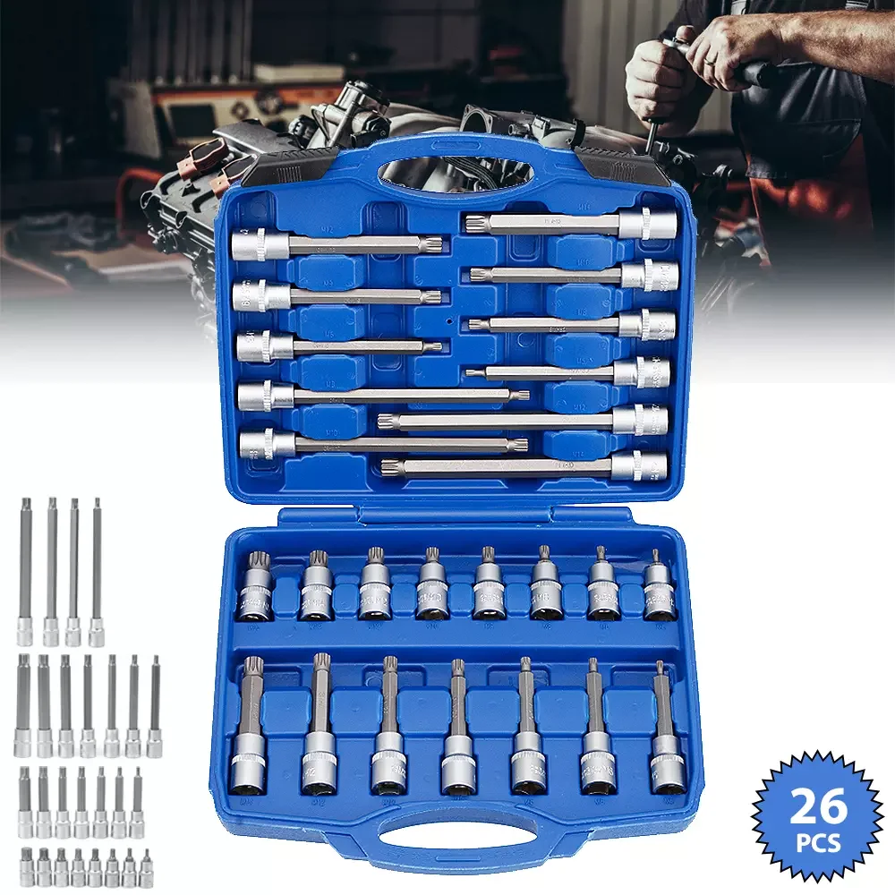 26pc Socket Wrench Set INTERNAL MULTI-TOOTH SOCKET WRENCH SET Car tool set 1/2 inch Tool Nut screw Auto Repair Tools