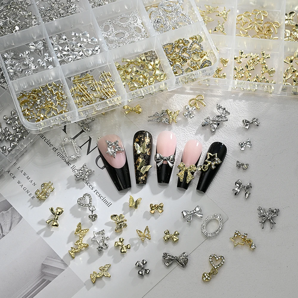 120 teile/schachtel 3D Gold Bogen Schmetterling Nagel Metall Charms Glänzende Nette Bowtie/Diamant Stern Nagel Schmuck 120 Luxus Nail art Liefert # RE4 – Detail 6