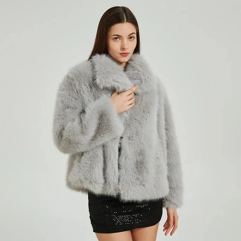 

DUOPERI женские 2023 новые серые пальто из искусственного меха High Street с лацканами и длинными рукавами, женские элегантные шикарные женские наряды