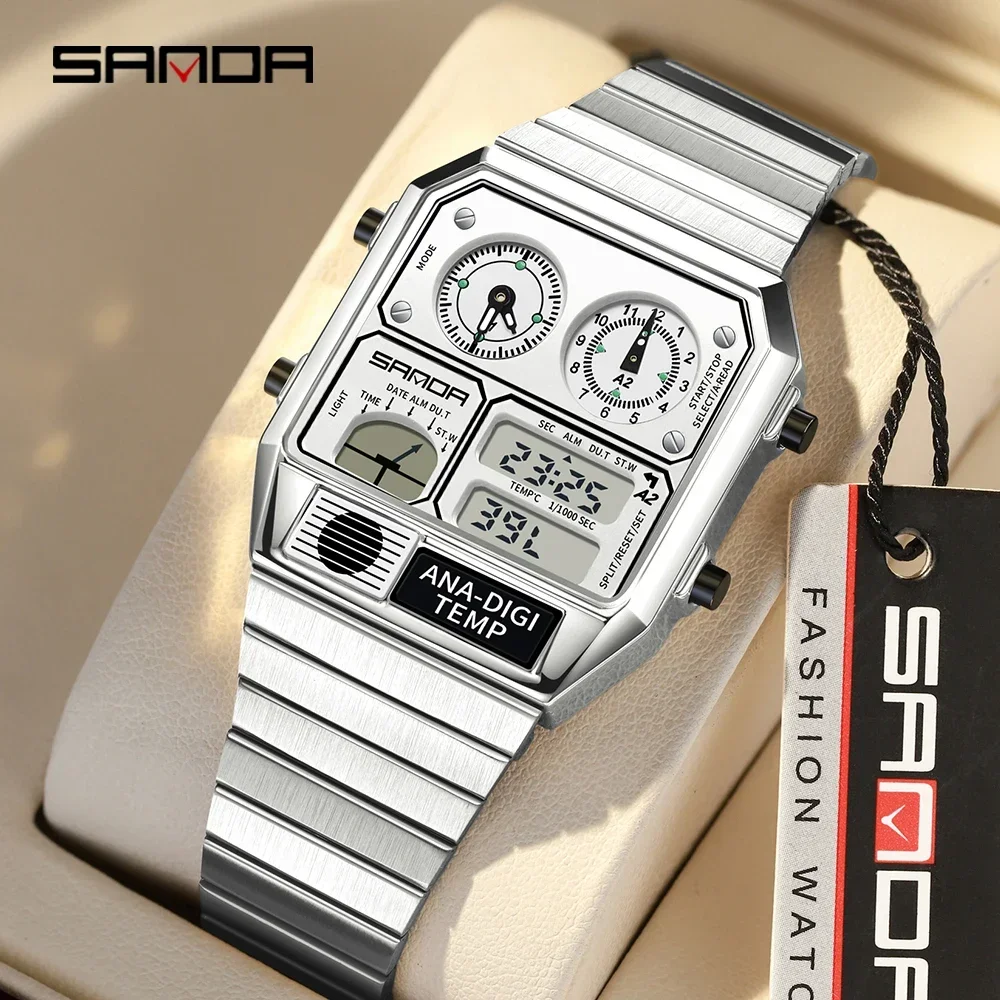SANDA 3192 Hot-selling LED Electronic Square Casual Multi-function Thermometer Stopwatch Chronograph Watch