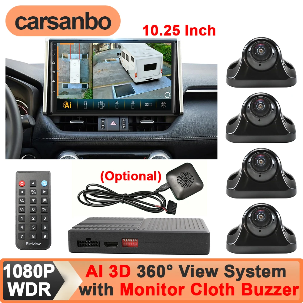 Carsanbo AI 3D 360° Panoramic Car Camera System Rear+Front+Side View AHD 1080P WDR 4 Cameras with Car DVR Monitor Cloth Speaker