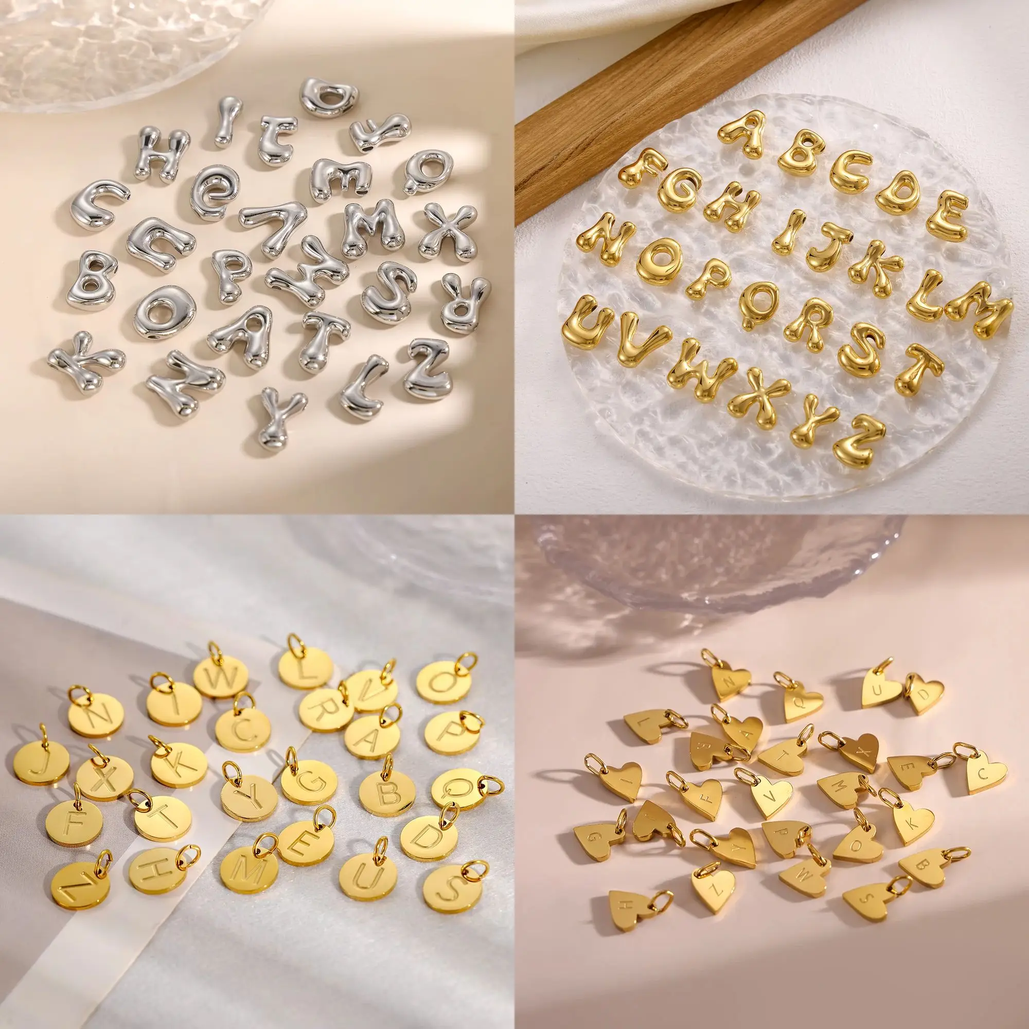 Trendiges vergoldetes Edelstahl-Charms-Set mit 26 Buchstaben, Herzblase, Initiale A-Z, Alphabet, Buchstabe, Sternzeichen-Anhänger für DIY-Schmuck – Detail 8