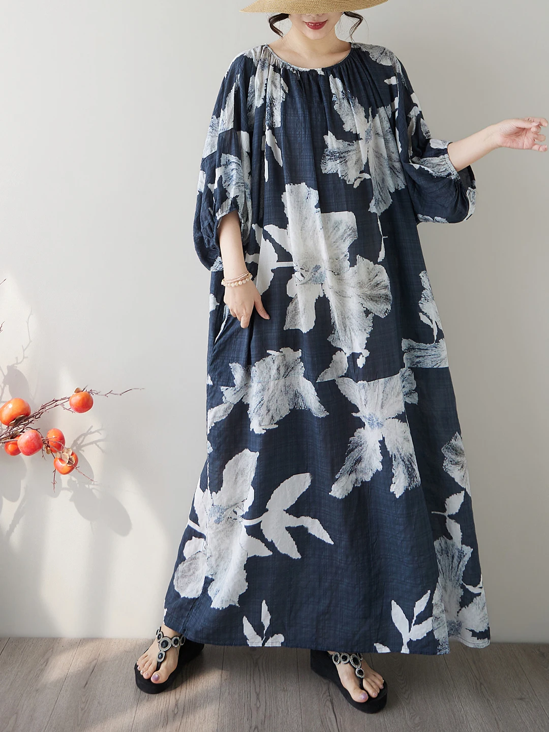 

Elegant Cotton Linen Print Dress Loose Hiding Meat Slimming Holiday Style Robe Large Size Lantern Sleeve Over-Knee Long Dress