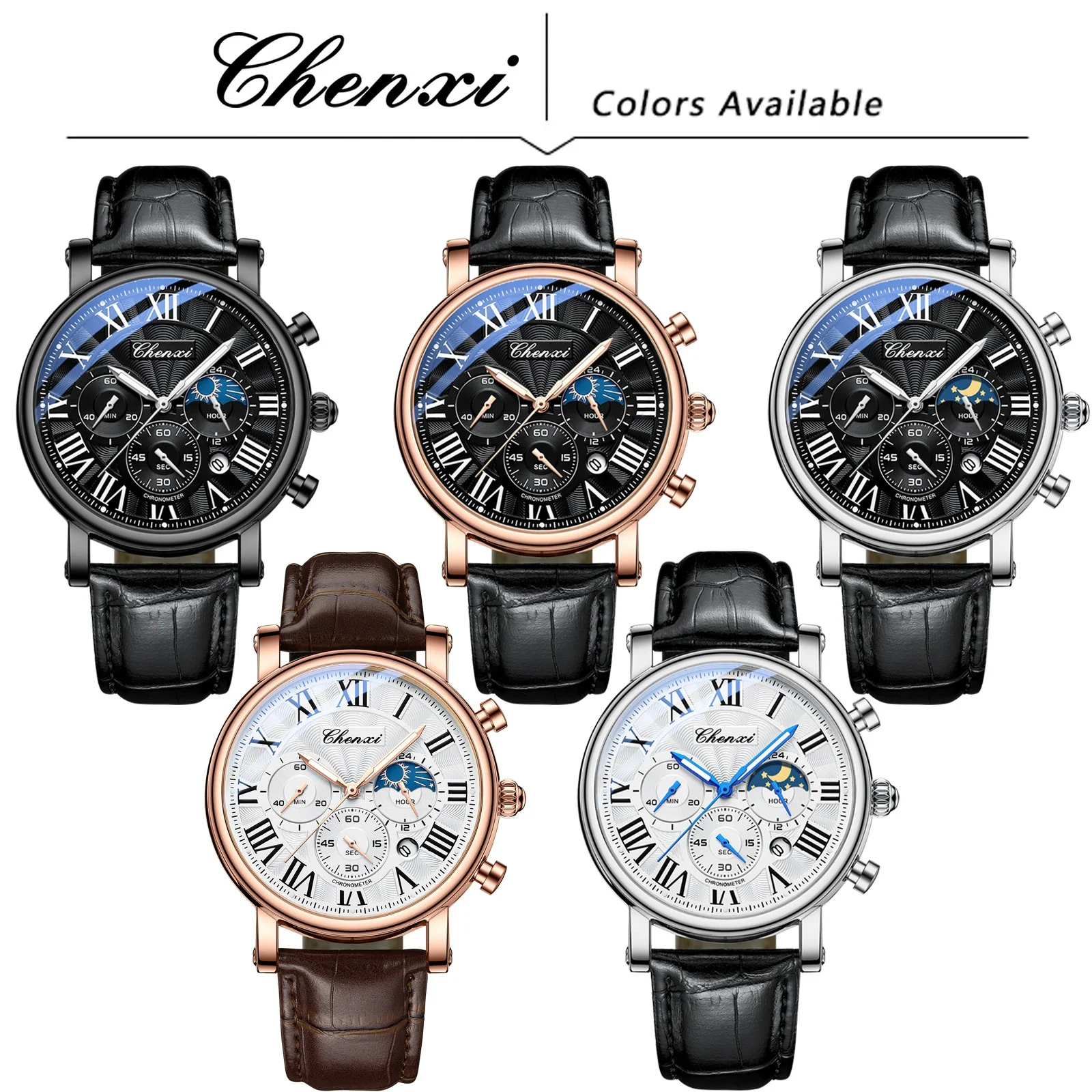 CHENXI 973 Men\'s Quartz Watch Fashion Business Moon Phase Date Multifunctional Chronograph Leather Strap Wristwatch for Male