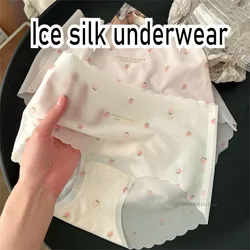 Cute Ice Silk Seamless Panties Ultra-thin Briefs Strawberry Print Breathable Underpants Soft Sexy Lingerie Panties Women M-XL