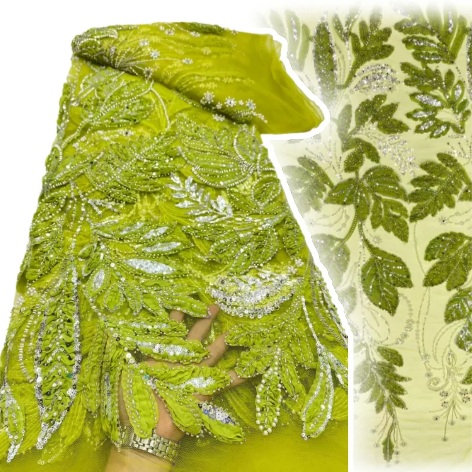 

High-quality African Nigerian Elegant 3D Embroidered Fabric French Tulle Lace Fabric with Sequin & Beads for Party Wedding S1240