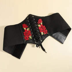 Women's Sexy Fashion Corsets Wide Belts Rose Embroidered PU Leather Slimming Body Elastic Waistband for Dress Coat Shirt Decor