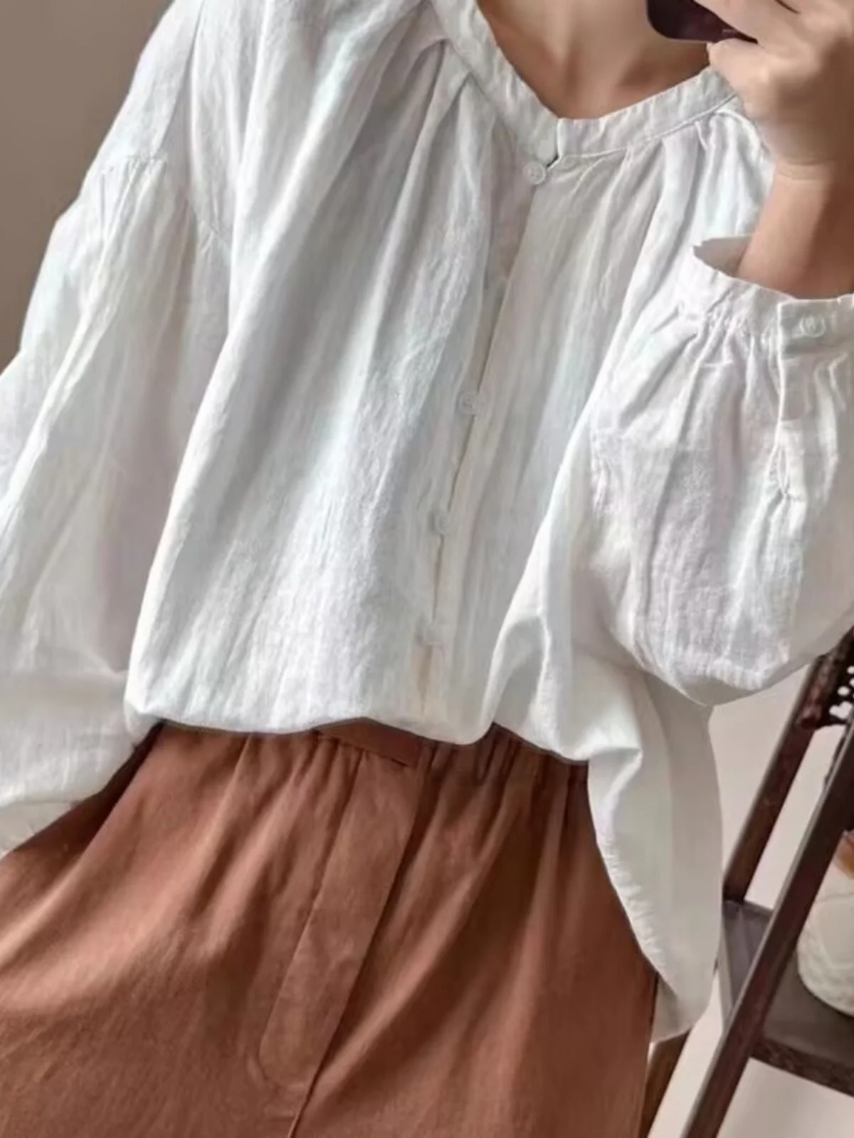 فقاعة من القطن والكتان الأبيض Sve irt تصميم علوي للسيدات ربيع جديد Faion طويل Sve irt تخفيض العمر #5