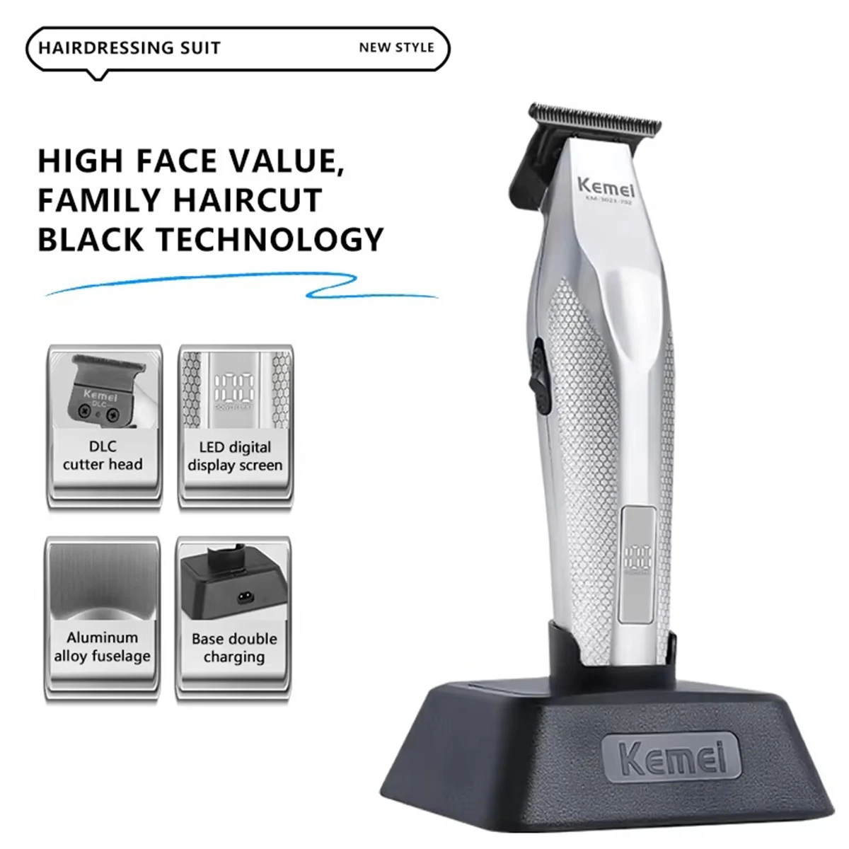 Kemei KM-3023-702 Professional Hair Clipper for Men with DLC Blade Full Metal Hair Trimmer Machine Haircut Finishing Machine image 4