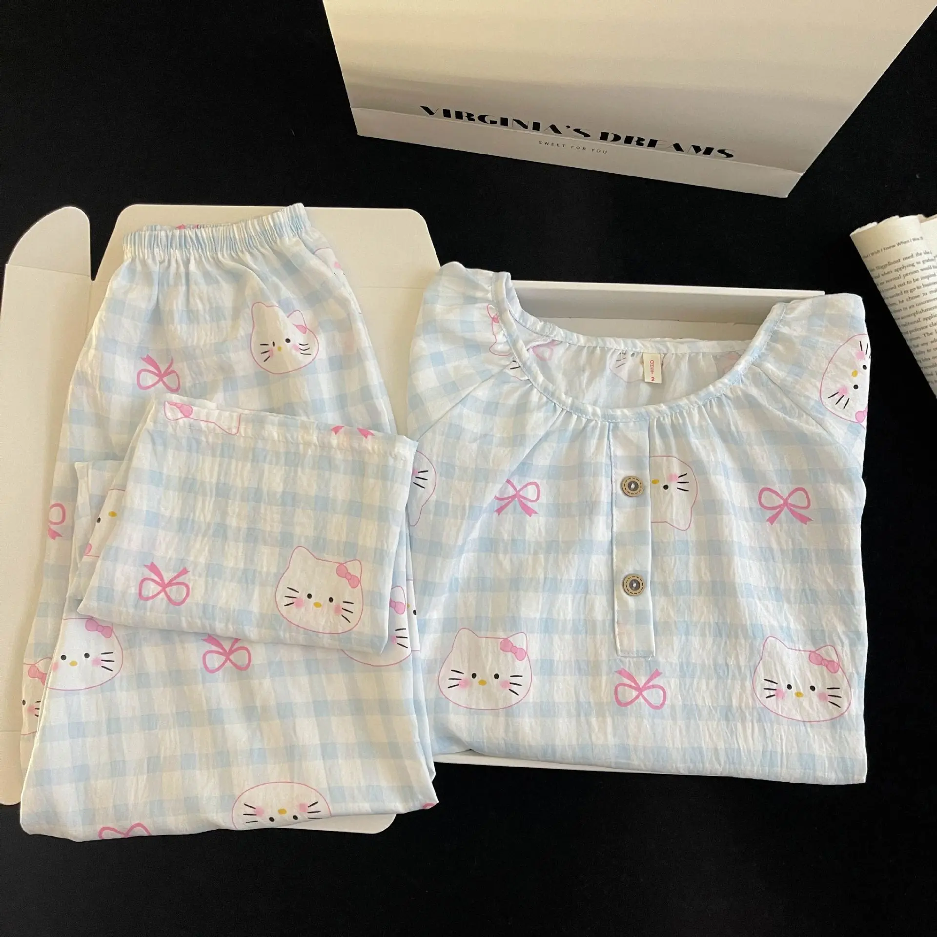 

Женский теплый комплект для сна Hello Kitty с мультяшной вышивкой, круглым вырезом, домашняя пижама, одежда для отдыха и ночного сна