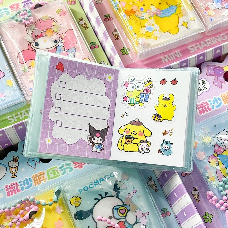 2pcs/set Sanrio Flowing Sand Mini Notebook Beautiful Sticker Book Cute Kuromi Melody Tearable Share Book Girl Portable Pendant