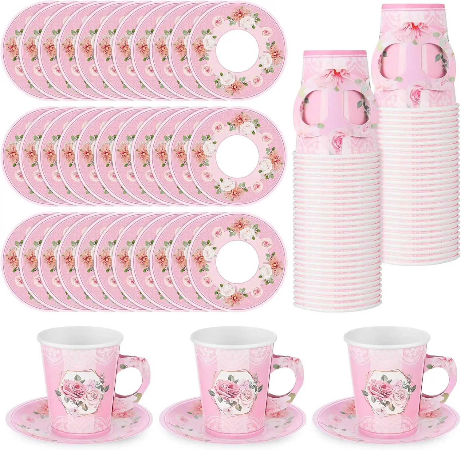 

100 Pcs Disposable Tea Party Decorations 9 oz Floral Paper Cup with Handle and Saucer Set for Mother Day Wedding Birthda