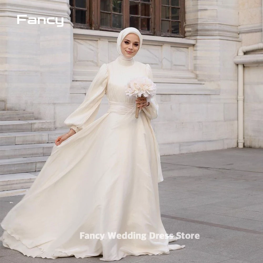 

Fancy Muslim 2024 Ivory A-line Wedding Dress High Collar Vertically Draped Pleat Floor Length Brush Train Bride Dresses