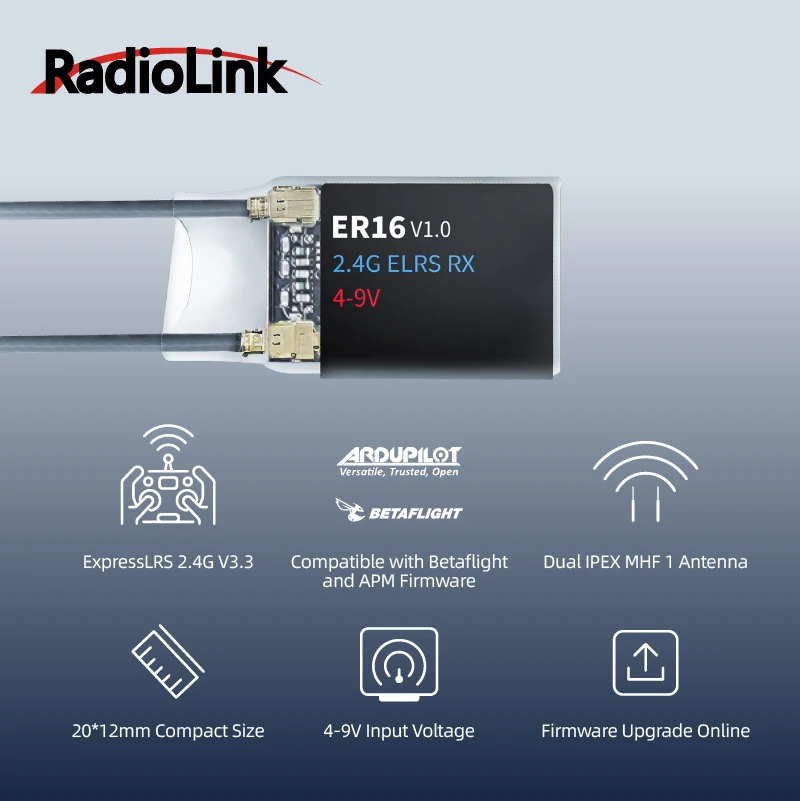 

Radiolink ER16 ELRS 2.4G 16-канальный приемник ExpressLRS V3.3 для высокочастотного модуля дальнего действия для прошивки Betaflight APM