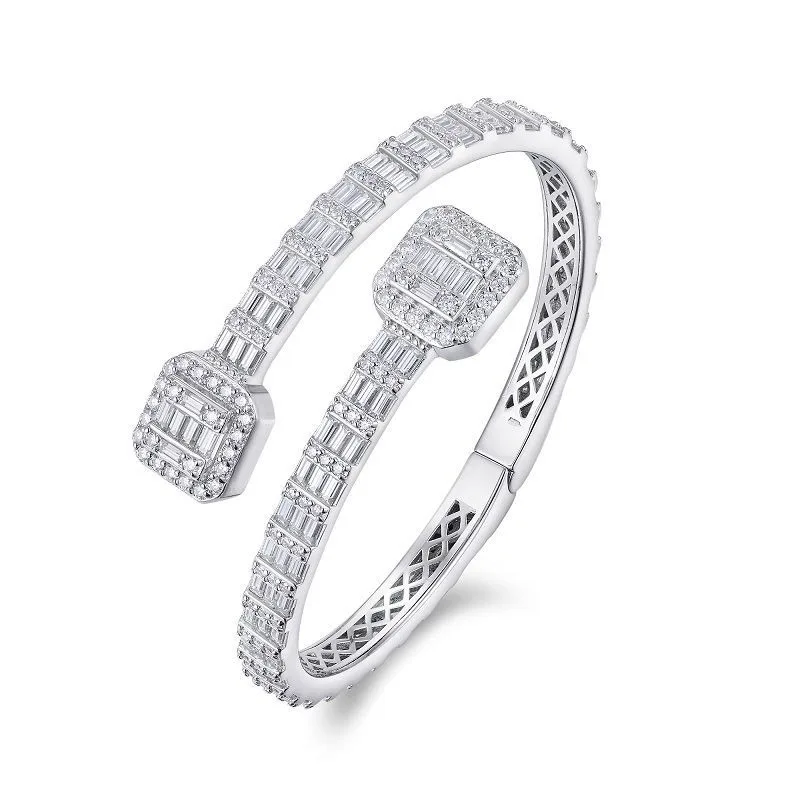 

S925 Silver Bling Baguette Cut Moissanite Cuff Bracelet for Women Hiphop White Gold Shine Mosan Geometric Bangle Pass Tester