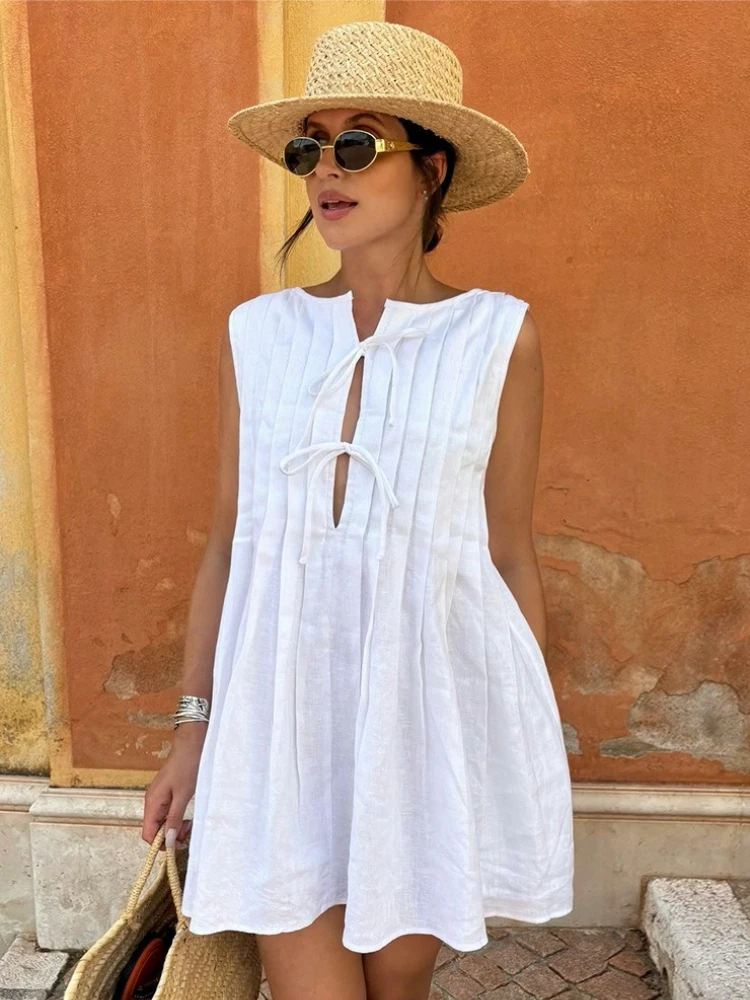 Tsiisd Casual Pieghe Mini Abito Per Le Donne Lace-Up Senza Maniche Solido Allentato Allentato Patchwork Estate 2026 Nuovo Vestito Vestito delle Donne