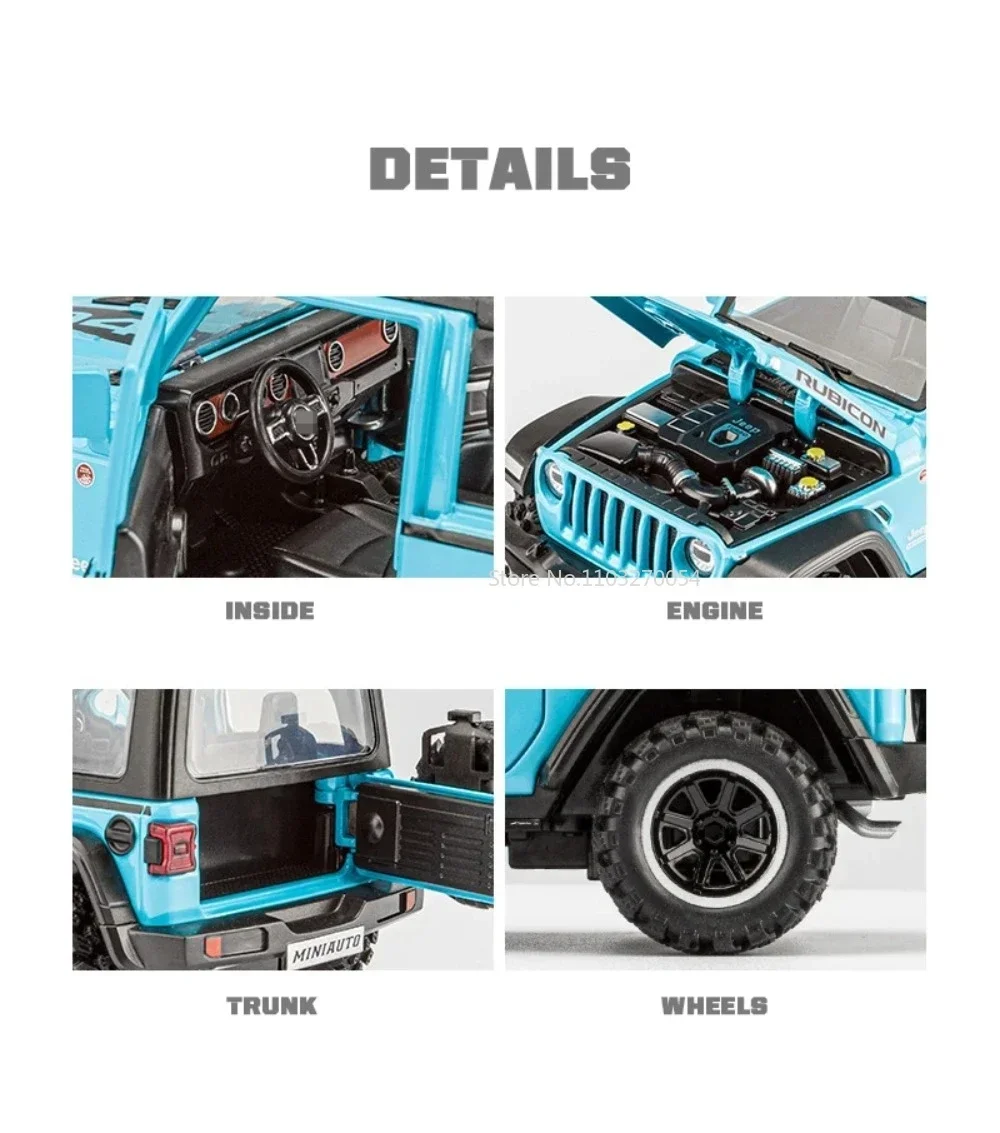 1/32 Wrangler Rubicon Off-road Toy Car Model Alloy Diecast Sound Light Pull Back 4 Door Opened SUV Vehicles for Kids Boys Gifts