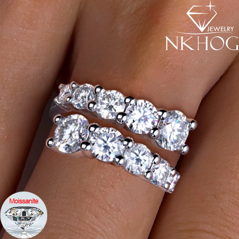 NKHOG Moissanite Rings Women 925 Sterling Silver Double Row Round Open Band Wedding Engagement Ring Fine Jewelry Gifts Certified