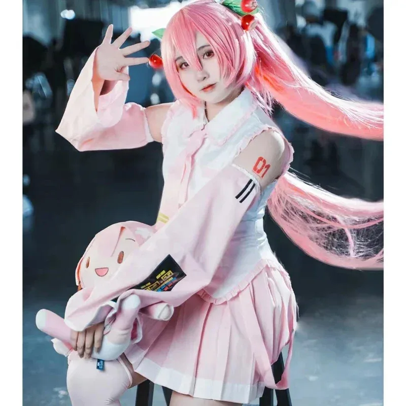 qq023Anime Beginner Future Sakura Vocaloid Miku Pink Midi Dress Cosplay Costume Girl Skirt Wig Uniform Women Carnival Party Dres