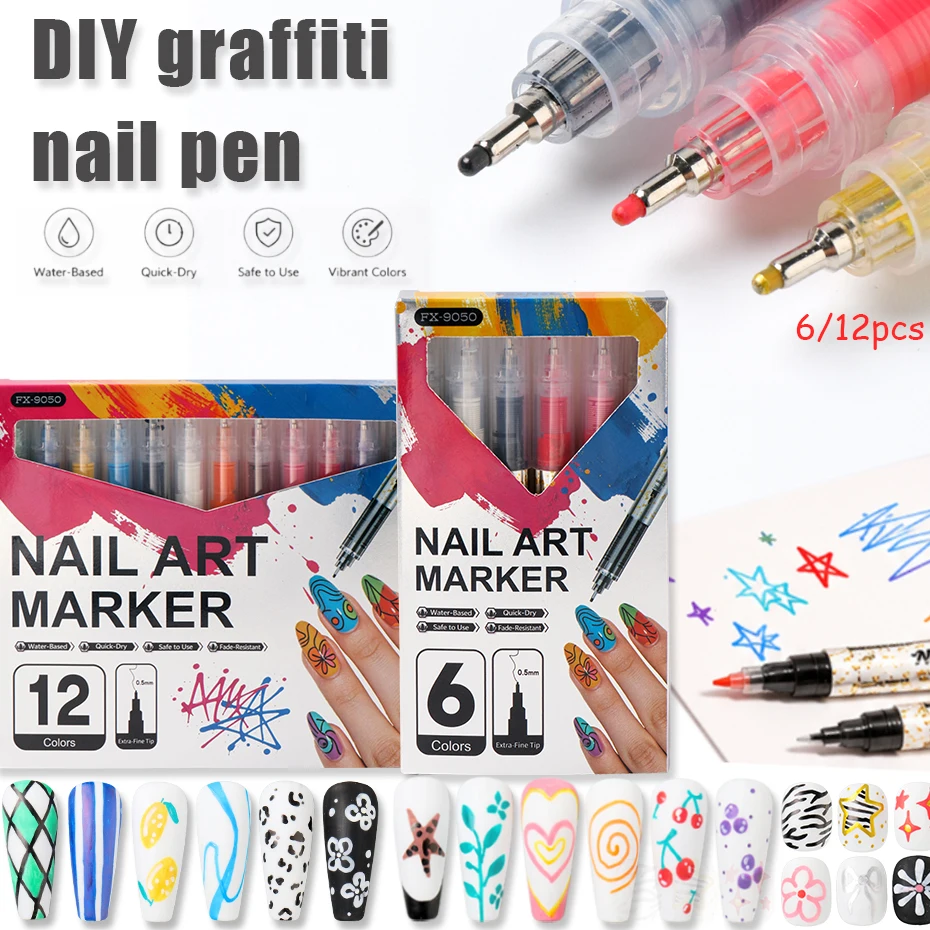 1Set Nail Doodle Pen with 6/12-Color Acrylic Paint Pen 0.5,mm Nail Paint Quick Drying Dot Stitching Pen for Salon Nail Art DIY