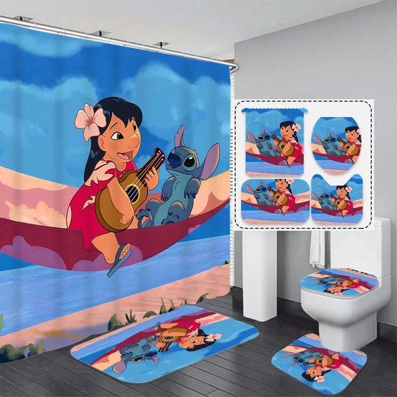 Disney Stitch Bathroom Curtains Shower Curtain Set for Bathroom Cartoon Ornate Bath Rug Decor