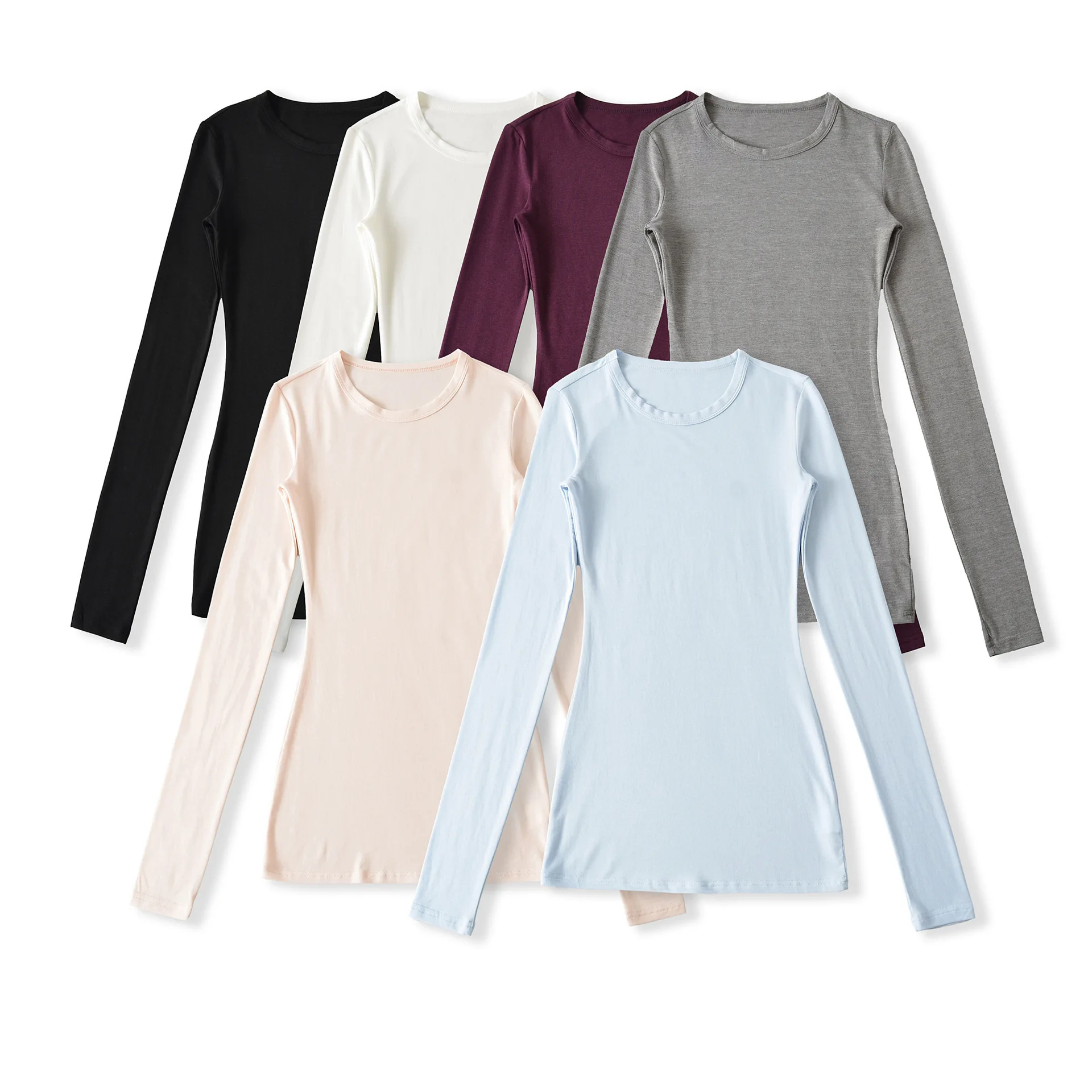 2025 automne hiver Style doux petit col rond Style couleur unie à manches longues taille haute élastique Base serrée T-Shirt haut 06NC