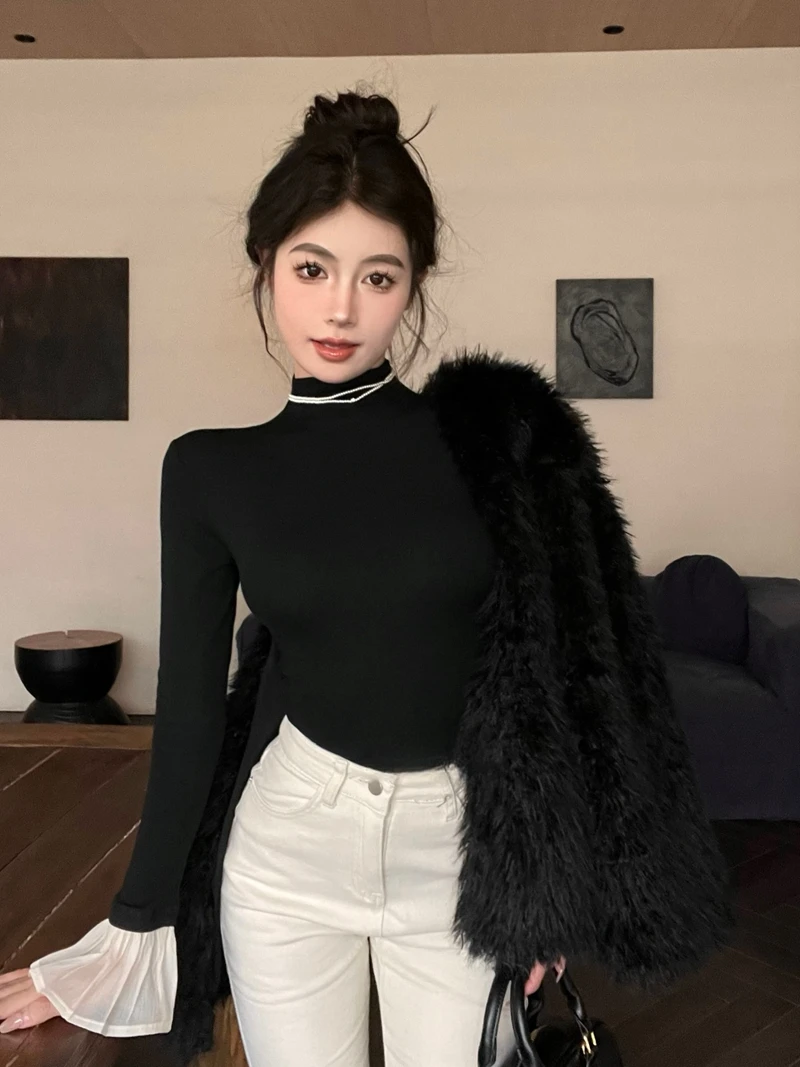 Autumn Winter Turtleneck Long Sleeve Tight-fitting Velvet Shoulder Padded Tees Harajuku Crop Top Y2k Streetwear Shirts