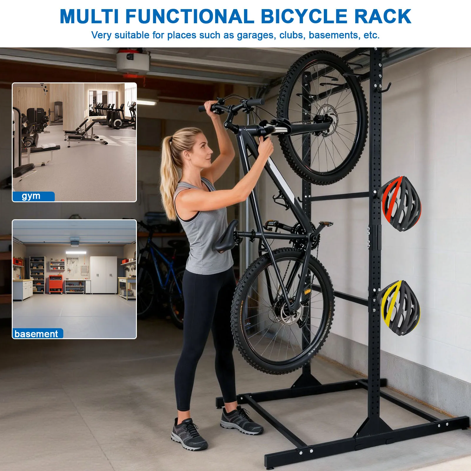 

Freestanding Bike Stand with Adjustable Hooks Vertical Bicycle Organizers Holds Up To 6 Bikes & 6 Helmets for Road Bicycles MTB