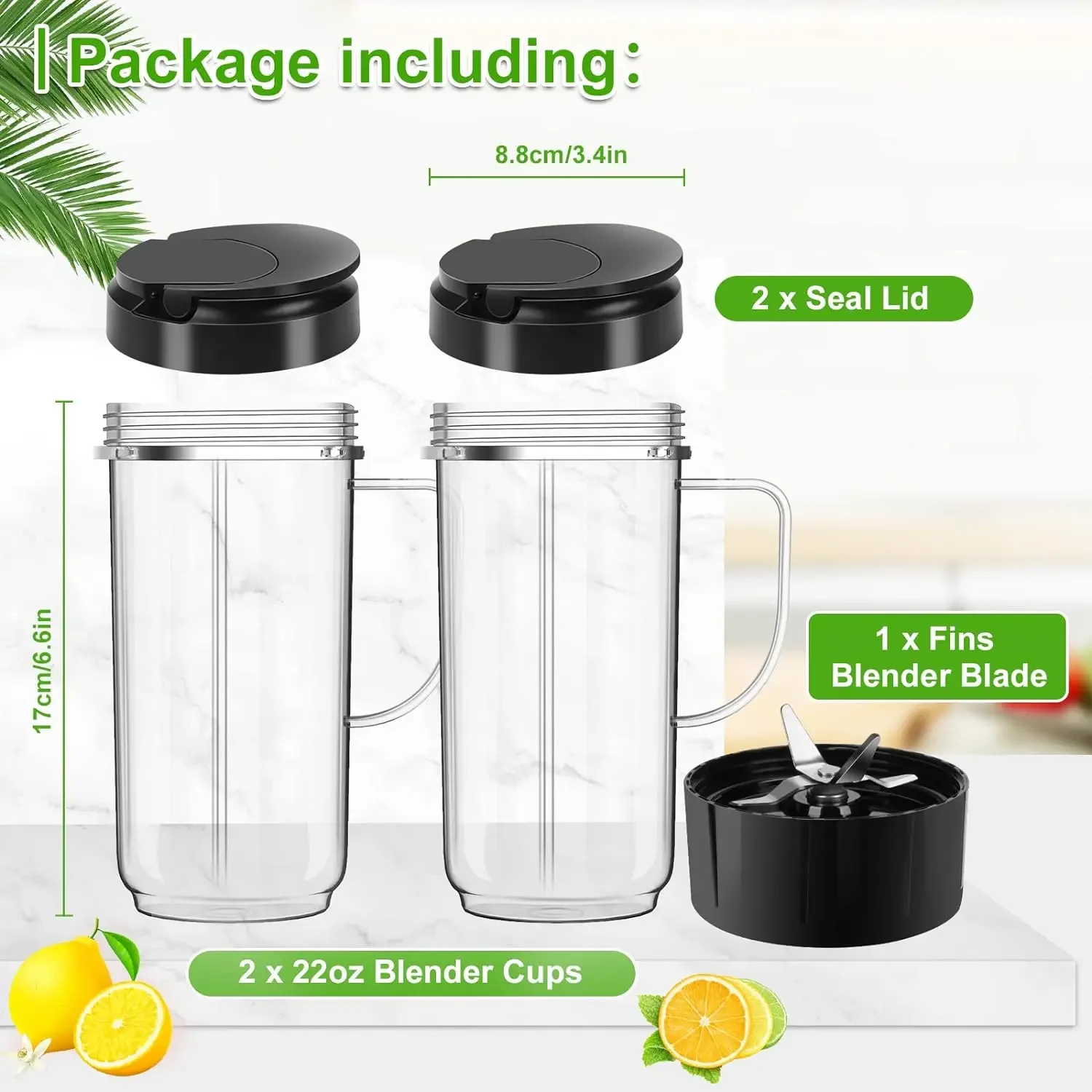 2 Pack Tall 22oz Cups Mugs with Flip Top To-Go Lid and Cross Blade Replacement Compatible with Magic Bullet 250W MB1001 Blenders