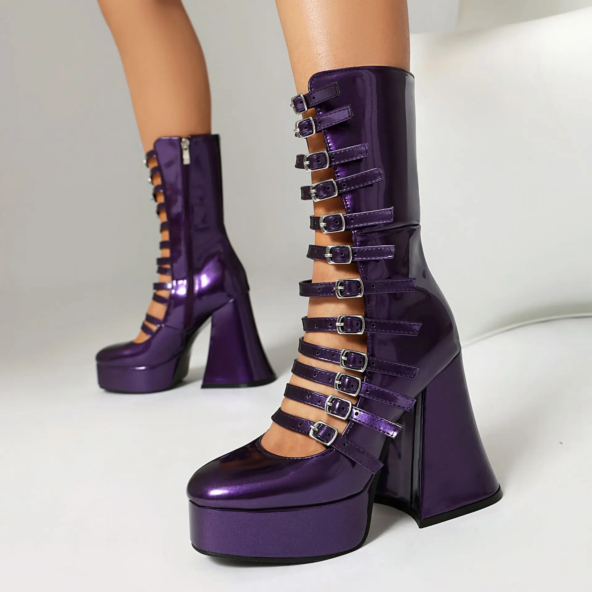 Plus Size Punk Round Toe Super High Heels Mid-Calf Boots Women Sping Summer Spider Net Metal Buckle High Platform Sandals Boots