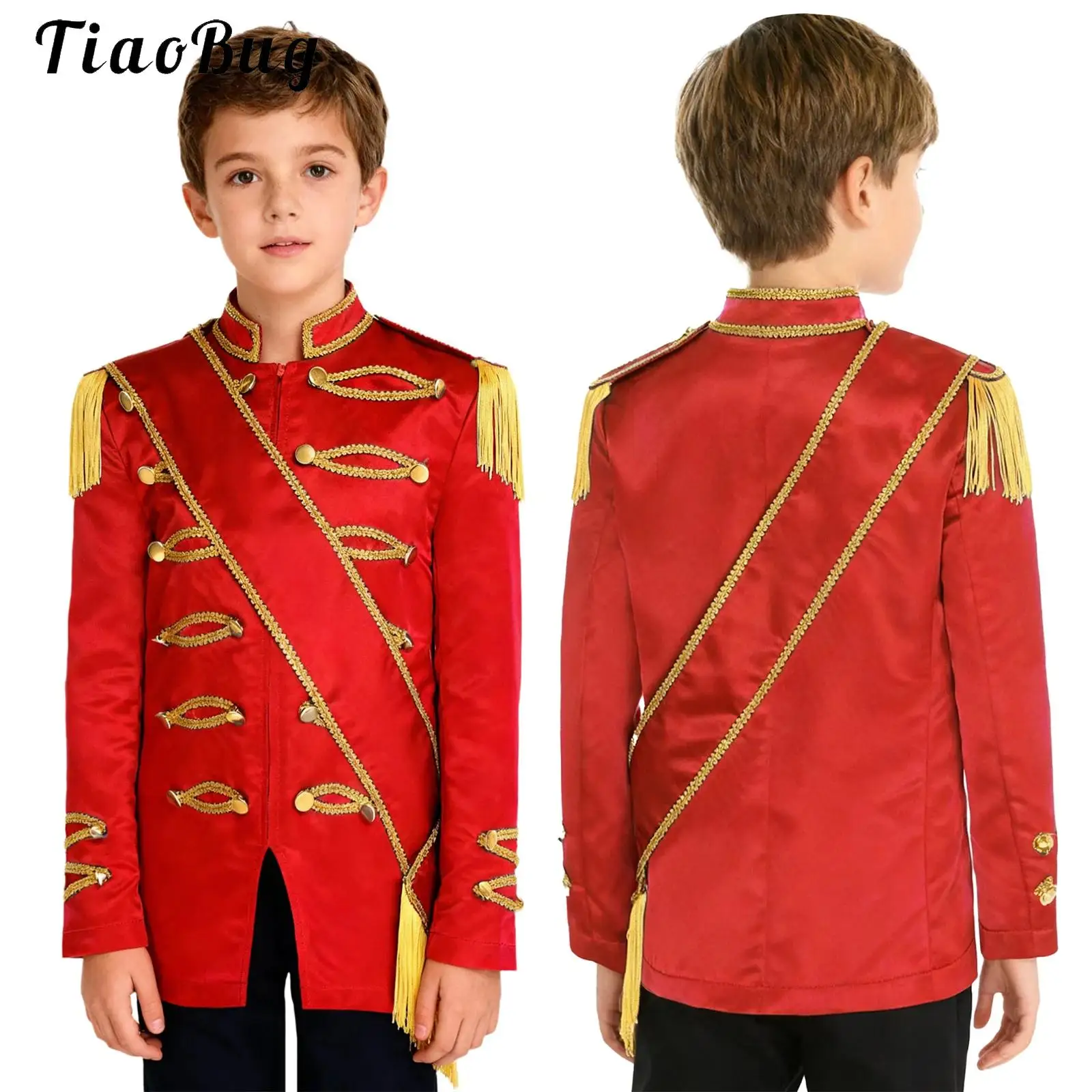 

Girls Boy Halloween Cosplay Circus Ringmaster Drum Trumpet Royal Marching Band Jacket Coat Tailcoat with Sash Nutcrackers Outfit