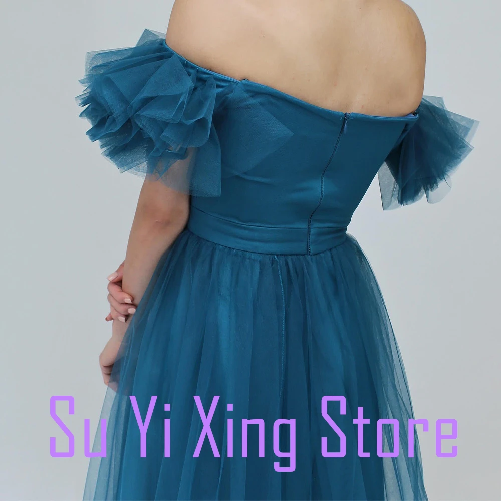 Tulle Front Slit Ruffles Zipper Back Off the Shoulder Sleeveless Exquisite and Graceful Evening Dress Sweep Train Floor Length