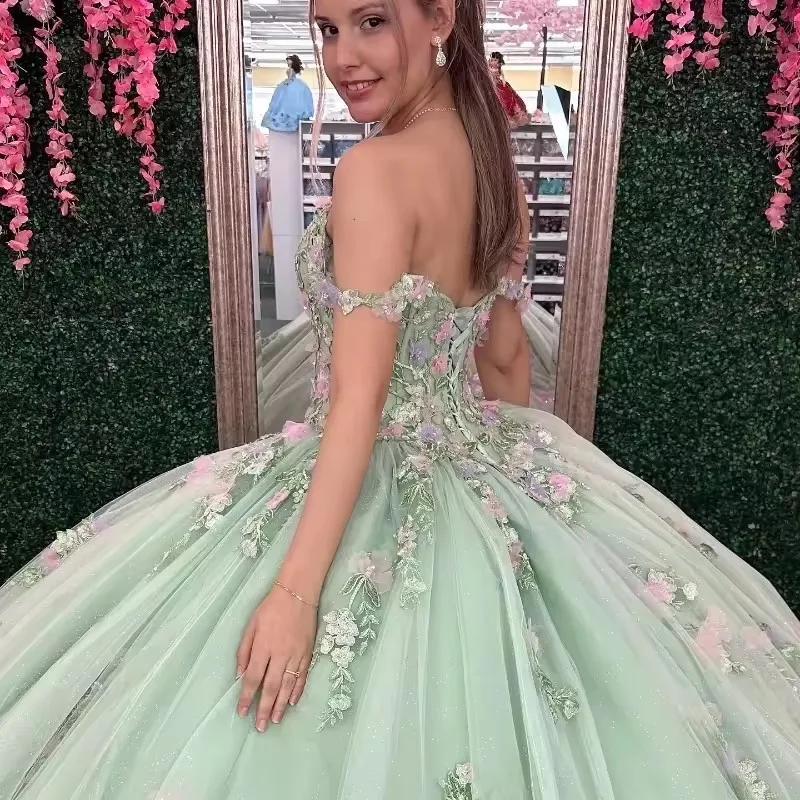 Sage Green Ball Gown Quinceanera Dress Customized Appliques Flowers Lace Off Shoulder Sweet 15 16 Years Vestidos De 15 Anos