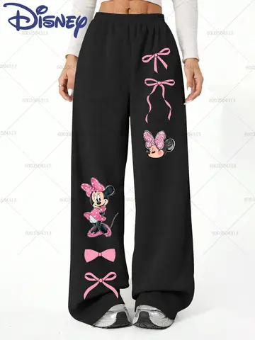 Women's Disney Minnie Mouse Bow Straight Pants Men Heavyweight Trousers Casual Autumn Winter Fleece Oversized Wide-Leg Trousers