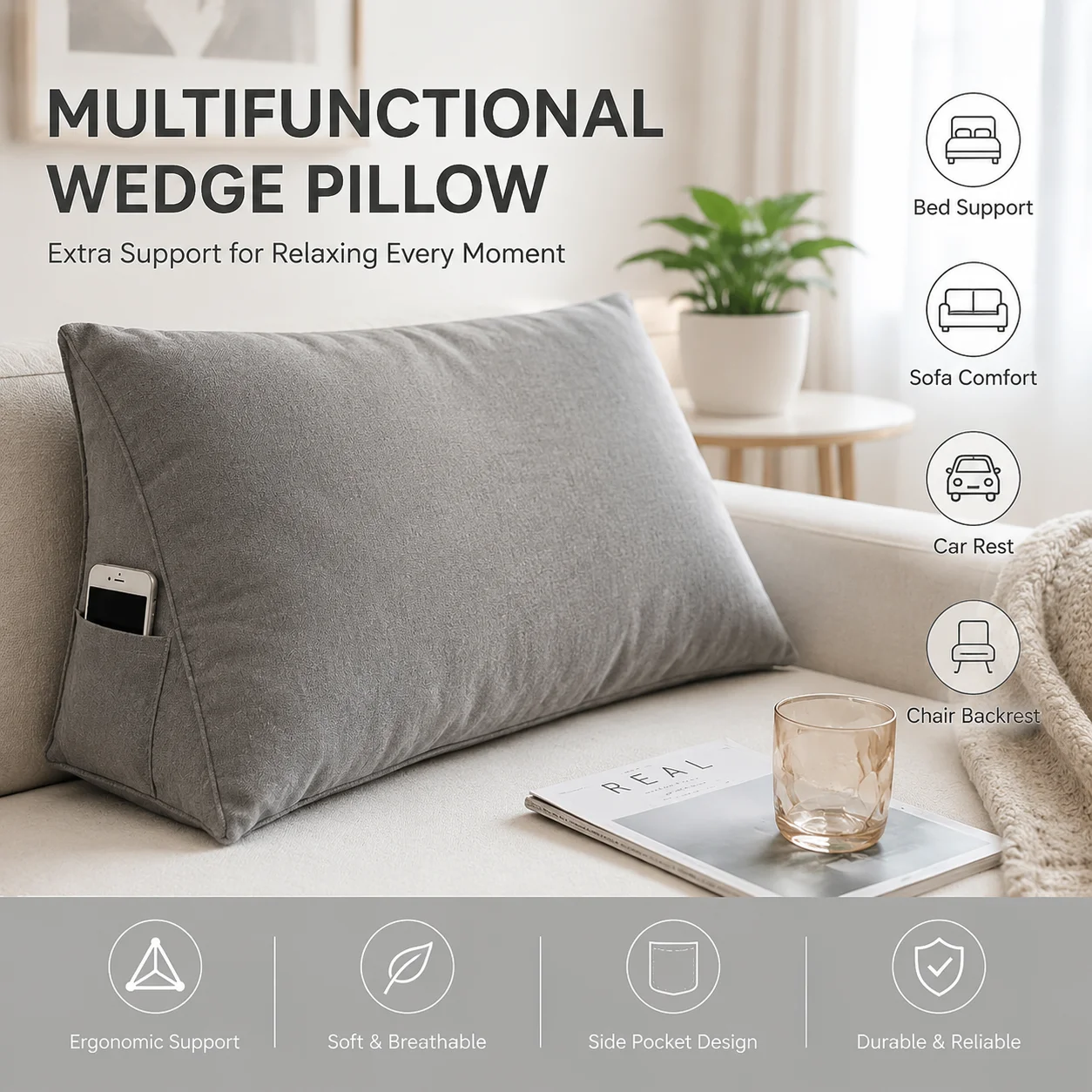 Triangle Back Cushion Wedge Pillow 60/70/80/90/100cm Headboard Support for Reading in Bed Sofa Backrest Lumbar Support Pillow