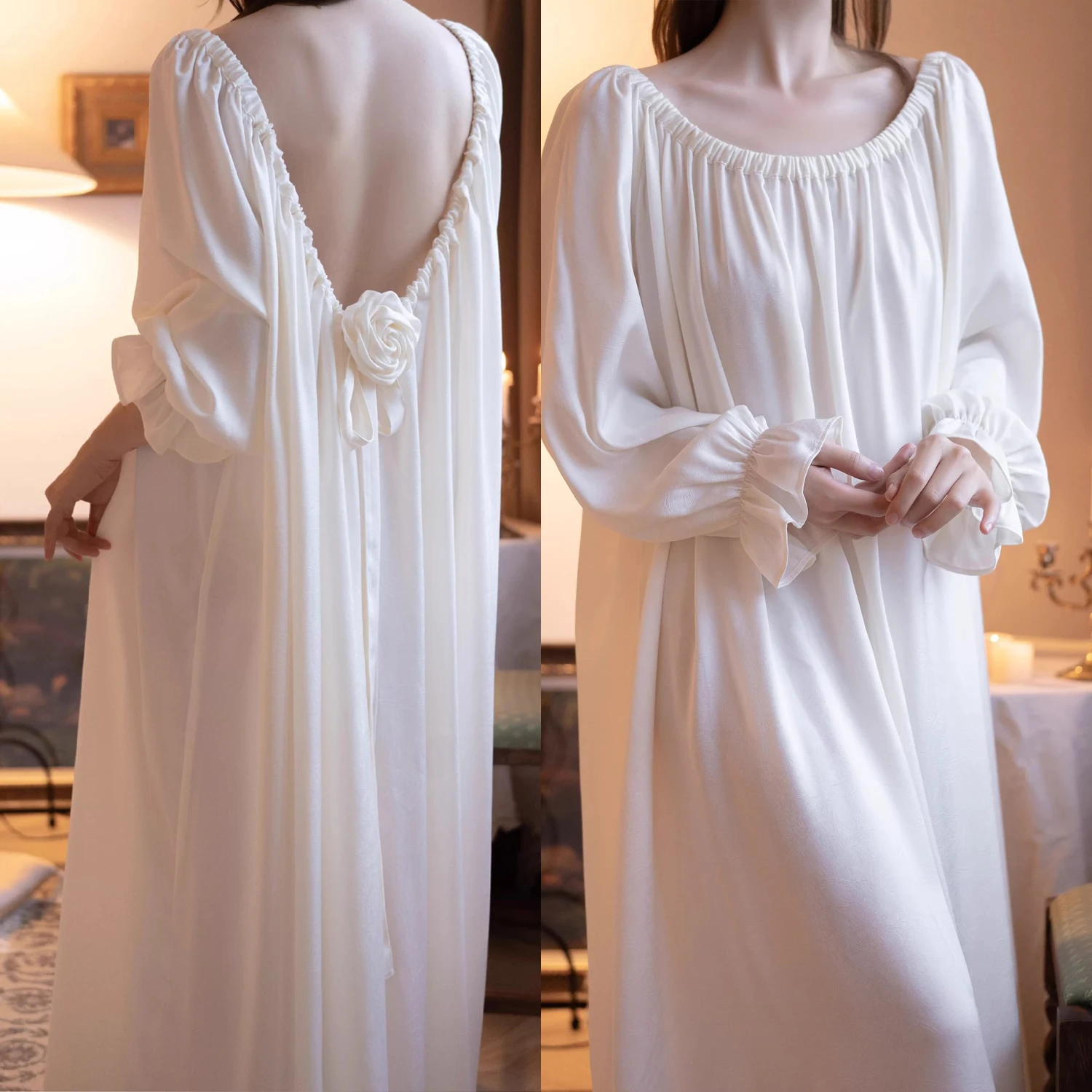 Princess Style Long Nightgown Loungewear 2026 Spring Summer New Female Sleepwear Nightie Sexy Backless Rose Nightdress Homewear