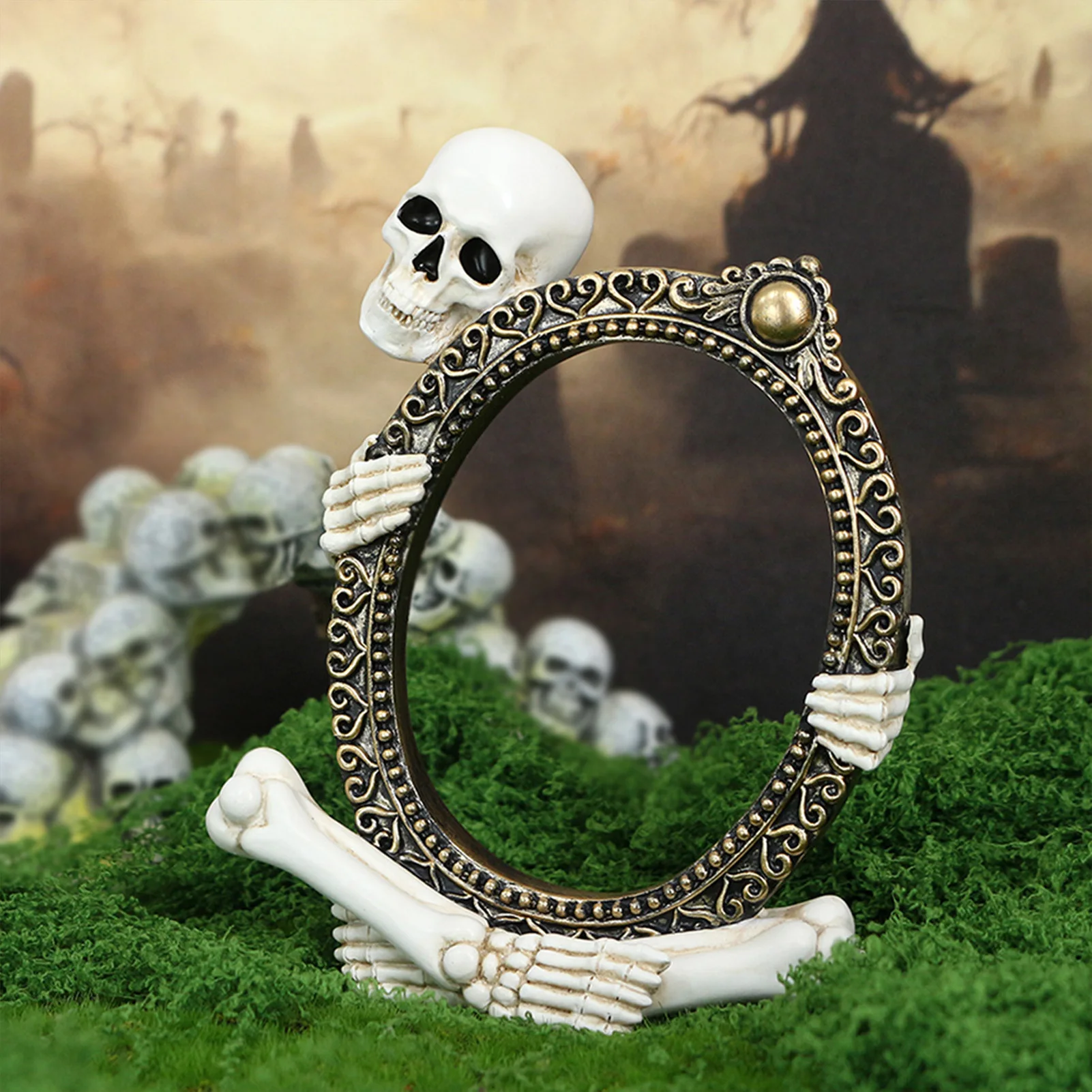 

13x16cm Halloween Ornament Creative Skull Circular Photo Frame Resin Decorative Ornament Garden Courtyard Party Decor Props 2025