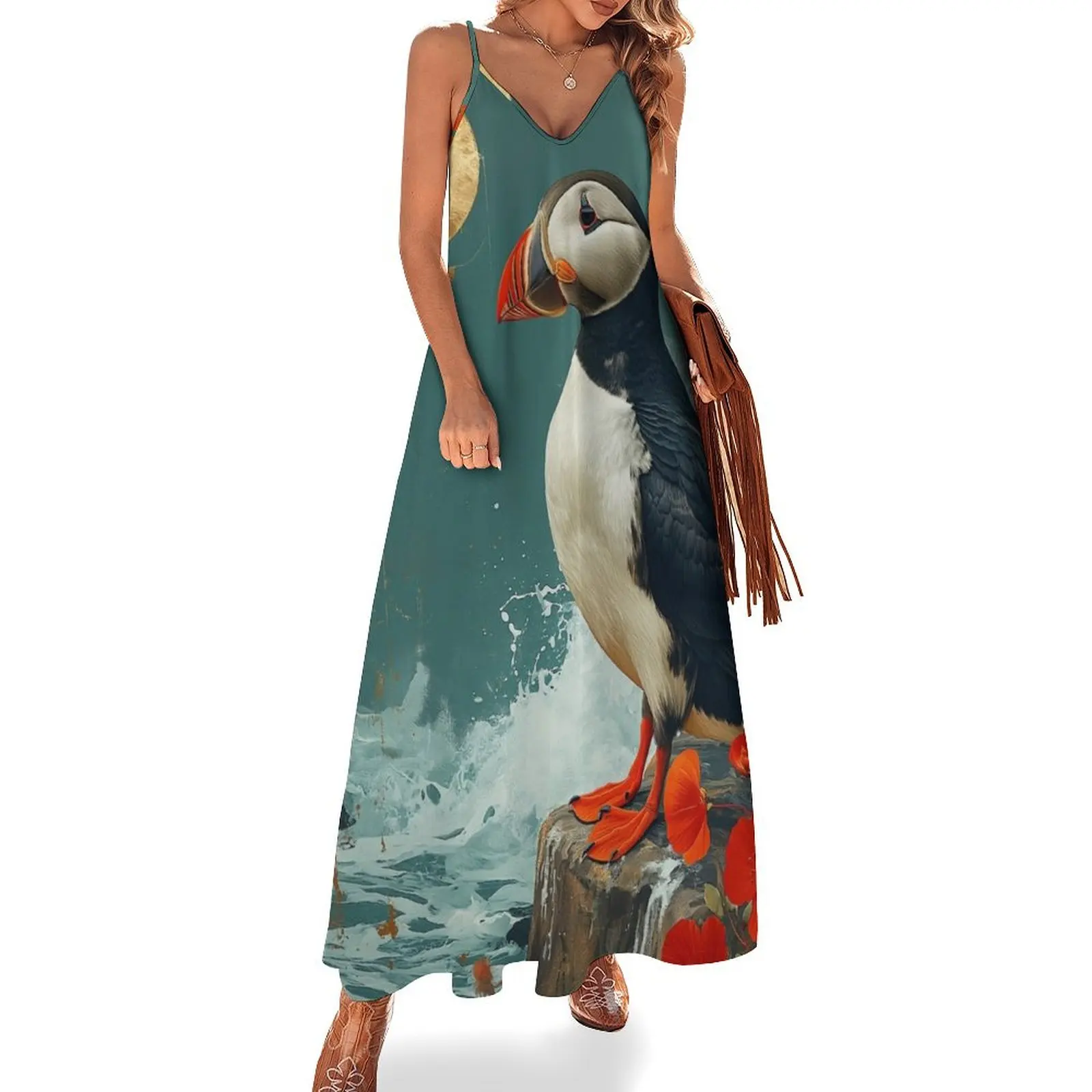 

Puffin painting Standing in turquoise water with a red sun a Sleeveless Long Dress ladies dresses for special occasions Dress