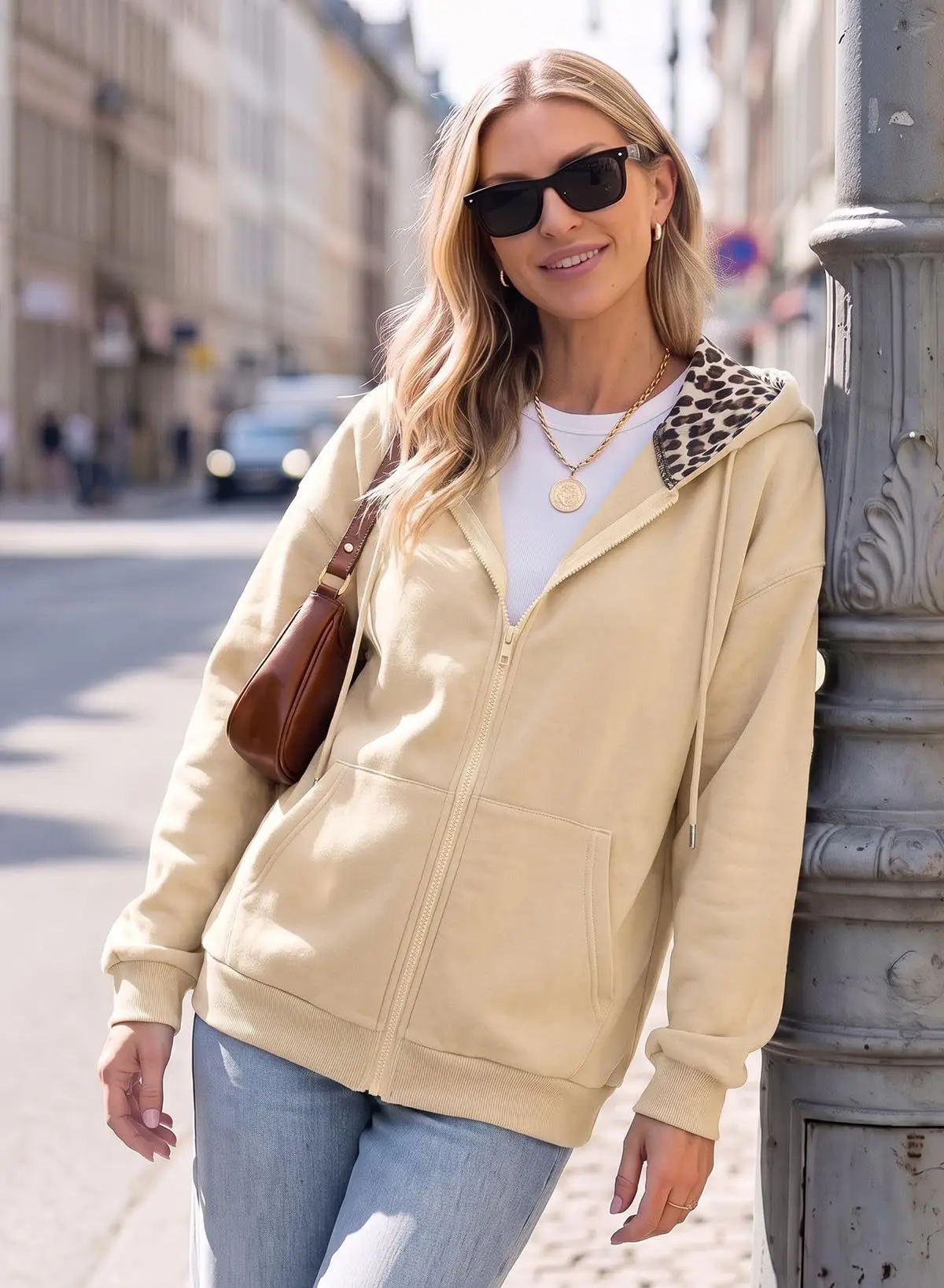 Women's Full Zip Hoodie with Leopard Hood Lining Oversized Long Sleeve Jacket Winter Warm Fleece Lined Sweatshirt Streetwear