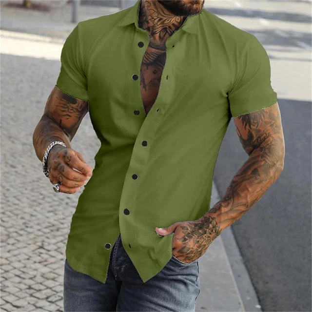 

2026 New Summer Men Minimalist Casual Solid Color Short Sleeve Button Down Shirts Fashion Tops Street Muscle Blouses For Daily