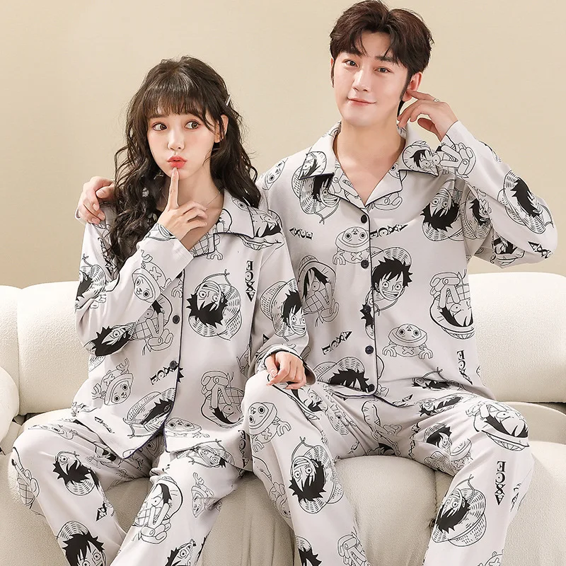 ONE PIECE Luffy Spring and Autumn Couple Pajamas Women\'s Cardigan V-Neck Long Sleeve Cartoon Men\'s Casual Loungewear Set