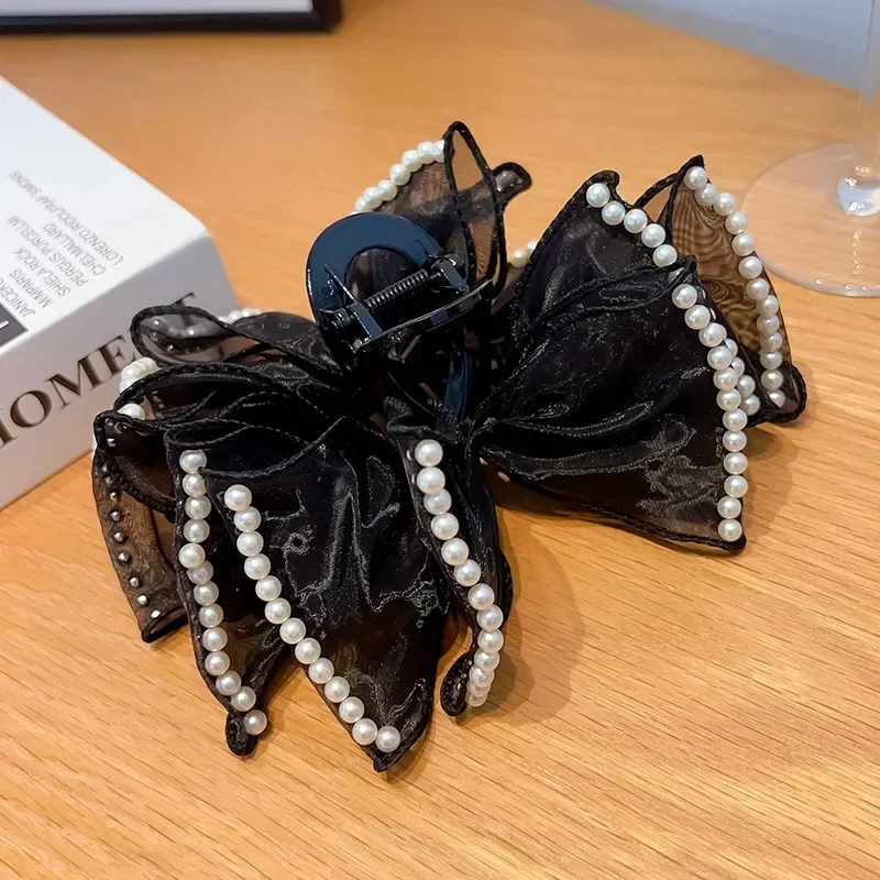 Fashionable Large Butterfly Hair Claw Black Multi-winged Butterfly Pearl Hair Clips Woman Beautiful Headwear