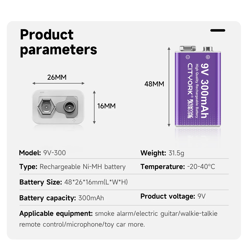 CITYORK 9V NIMH Rechargeable Battery 6F22 9 volt NI-MH Batteries 9V for Smoke Alarms Toys Wireless Cameras Metal detector