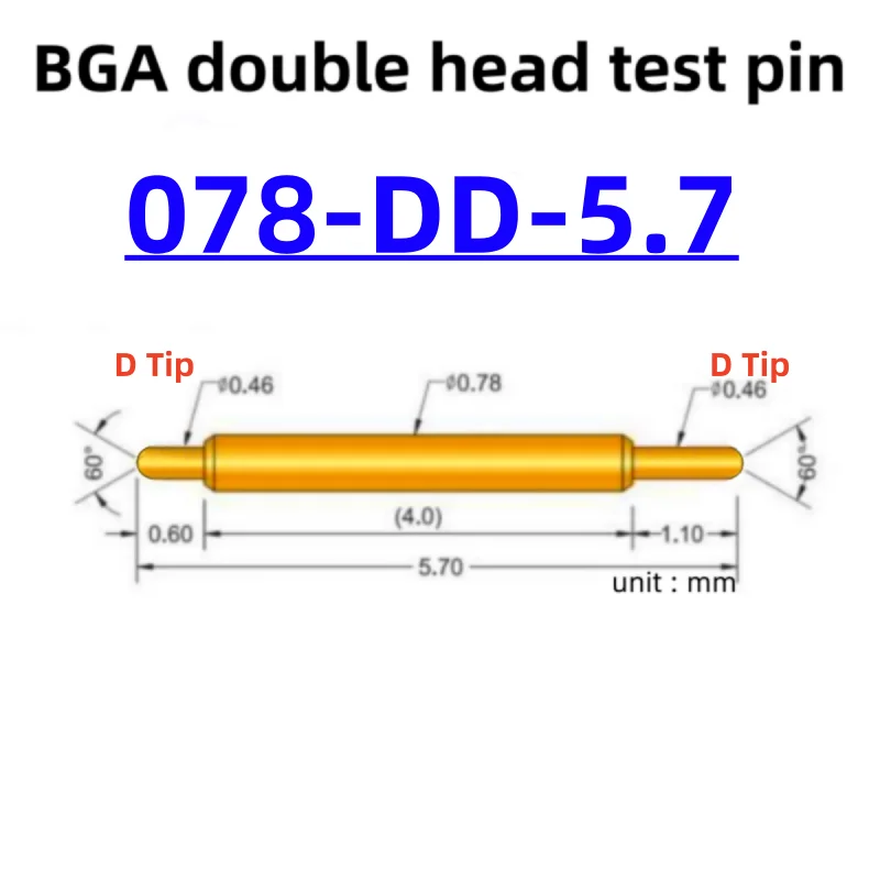 100pcs Double-ended Test Needle Test Probe BGA Semiconductor Probe 078-DD-5.7L Telescopic Spring Test Pin 5.7 Pogo Pin