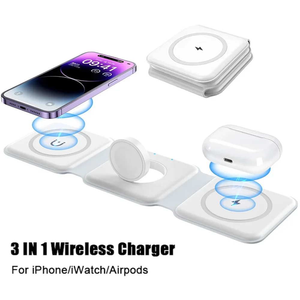 100W 3 in 1 Foldable Portable Wireless Charger Pad for iPhone 15 14 13 16 Pro Max Apple Watch AirPods Fast Charging Dock Station - náhled 4
