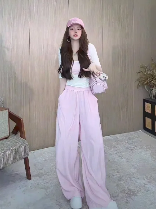 

Ladies Summer Korean Style Sweet Casual Sporty Three-Piece Set Sleeveless Cover-Up Tank Top Wide Leg Pants High Waist