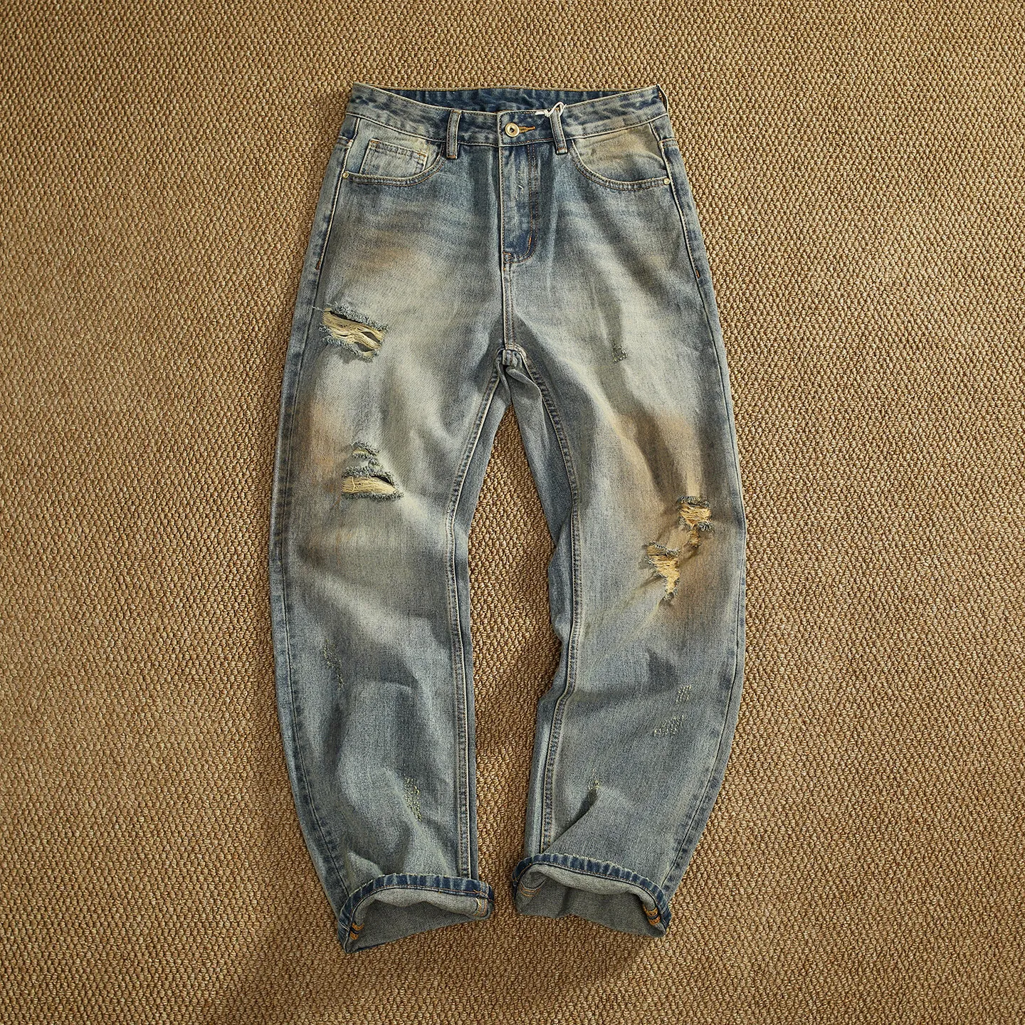 American high street ripped straight tapered jeans for men heavy industry washed whitened retro distressed trousers