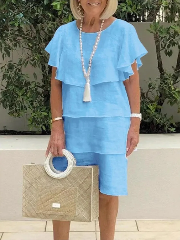 

Fashion Ruffless Dress Woman Short Sleeve Solid Color Loose Midi Dress Woman Summer Casual Holiday Flounce Dresses For Women