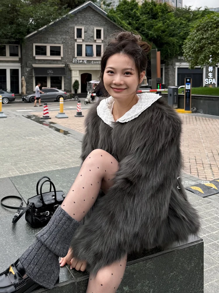 女性用エレガントフェイクファーコート、ヴィンテージ風スリムロングスリーブフェイクフォックス暖かいジャケット、冬用韓国風無地女性用Oネックレトロスイートトップス新作