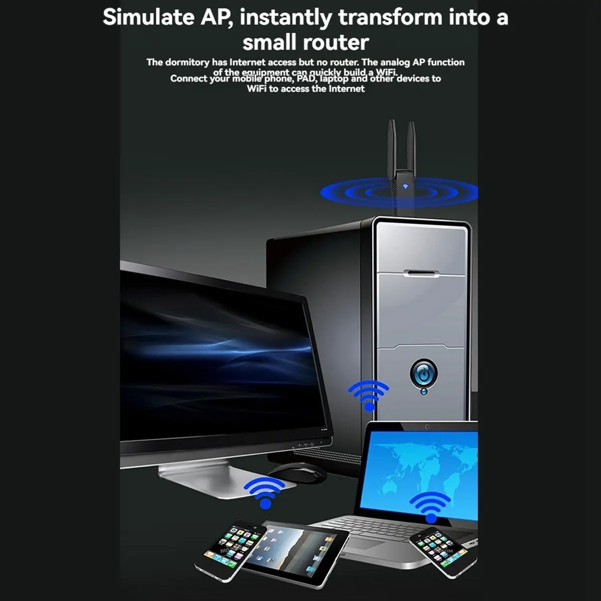 

Стабильный адаптер USB 3.0 WiFi 1300 Мбит/с, беспроводной USB-ключ, двухдиапазонный, 2,4 ГГц, 5 ГГц, с двумя антеннами для Win10/11